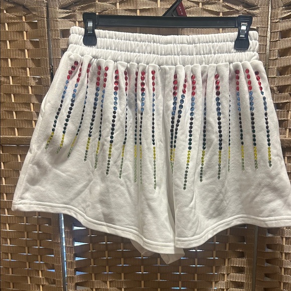 QUEEN OF SPARKLES White High-Waist Shorts with Rainbow Rhinestone Fringe - Picture 6 of 6